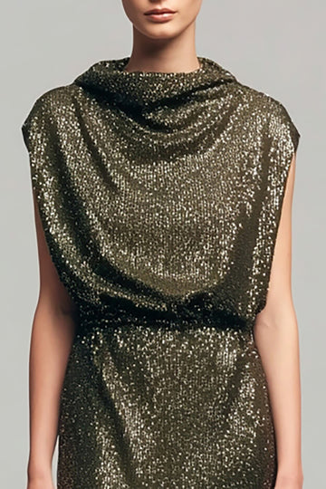 Sparkly Cowl Neck Olive Semi-Formal Dress